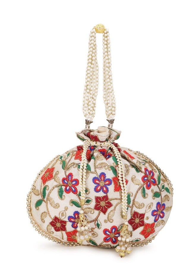 Anekaant Dangle Cream & Multi Floral Embroidered Faux Silk Potli - Image 5